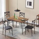 VECELO 5-Piece Dining Table Set for Home Kitchen Small Space Breakfast Nook, 4 Faux Leather Metal Frame Chairs, Retro Brown