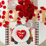 Happy Valentine’s Day Placemats Set of 4,Buffalo Plaid Truck with Love Hearts Balloons Heat-Resistant Place Mats,Anniversary Wedding Table Decors for Farmhouse Kitchen Dining Party 12×18 Inch