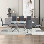 Glass Dining Table Set For 6 Modern Tempered Glass Top Dining Room Table With 6 Pcs Grey Faux Leather Dining Chairs?Kitchen & Dining Room Sets Dining Room Kitchen Furniture (Grey, 1table+6chairs)