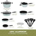 Paula Deen Family 14-Piece Ceramic, Non-Stick Cookware Set, 100% PFOA-Free and Induction Ready, Features Stay-Cool Handles, Dual Pour Spouts and Kitchen Tools (Sea Glass)