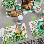 St. Patricks Day Placemats Set of 4,12×18 Inch Go Lucky with Shamrock Hat Rainbow Heat-Resistant Place Mats,Green Irish Table Decors for Seasonal Farmhouse Kitchen Dining Holiday Party