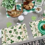 St. Patrick’s Day Shamrock Placemats Set of 4,12×18 Inch Green Shamrock Lucky Clover Heat-Resistant Place Mats,Green Irish Table Decors for Seasonal Farmhouse Kitchen Dining Holiday Party