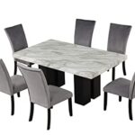 OYN 7-Piece 1 Faux Marble Rectangular Table and 6 Velvet Upholstered-Seat Chairs for Home Kitchen Room Breakfast, Lunch and Dinner, Heavy Duty Dining Furniture Set,Grey