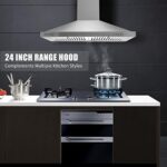 24 Inch Range Hood, Wall Mount Vent Hood in Stainless Steel with Ducted/Ductless Convertible Duct, 3 Speed Exhaust Fan, Energy Saving LED Light, Push Button Control, 2 Pcs Baffle Filters