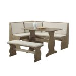 Riverbay Furniture Patio Conversation Indoor 3 Piece Kitchen Breakfast Corner Table Booth Bench Natural Fabric Upholstered Dining Nook Set in Brown