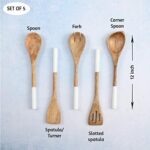 Folkulture Wooden Spoons for Cooking Set for Kitchen, Non Stick Cookware Tools or Utensils Includes Wooden Spoon, Spatula, Fork, Slotted Turner, Corner Spoon, Set of 5, 12 Inch, Acacia Wood, White