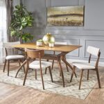 Christopher Knight Home Nissie Mid-Century Wood Dining Set with Fabric Chairs, 5-Pcs Set, Natural Walnut Finish / Light Beige