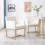 Wahson Set of 2 Velvet Upholstered Modern Dining Chairs with Arm, Contemporary Kitchen Chairs with Golden Metal Base, Ivory