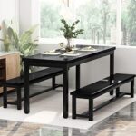 AWQM Dining Room Table Set, Kitchen Table Set with 2 Benches, Ideal for Home, Kitchen and Dining Room, Breakfast Table of 43.3×23.6×28.5 inches, Benches of 38.5×11.8×17.5 inches, Black