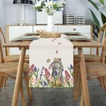Celepaty Floral Tulips Hyacinth Cute Bunny Rabbit Easter Table Runner, 13 x 72 Inch Spring Summer Seasonal Holiday Kitchen Dining Table Décor for Indoor Outdoor Home Party