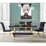 AZhome 6-Piece Black Gold Kitchen Dining Table Set with Table, 4 Velvet Dining Chairs and Bench, Dining Room Table Set for 6