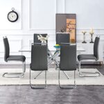 JUFU 63″ Glass Dining Table Set for 6,Mid-Century Rectangle Dinner Tempered Glass Table Top and Pu Faux Leather Chairs for Dining Room Home Office Meeting (63×35 Table+6 Grey Chairs , Silver Base)