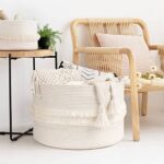 CherryNow Large White Woven Storage Basket, Boho Decorative Basket for Home Decor, Towel basket for Bathroom, Bedroom, Living room, Baby Nursery Basket for Clothes, Toys, Blankets, 22 x 14 inches