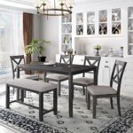 GLORHOME Piece Kitchen Dining Set for 6, Farmhouse Style Rectangular Wood Table and 4 Chairs 1 Bench with Padded Cushion for Family (Grey), Gray