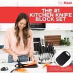 EatNeat Kitchen Knife Set with Cutting Board – Deluxe 18 Piece Home Essentials All Black Knife Block Set, Knife Sharpener, Kitchen Scissors, Bottle Opener, Knife Block, Potato Peeler, Chopping Board