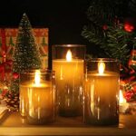 GenSwin LED Flameless Flickering Battery Operated Candles with 10-Key Remote Control, Real Wax Moving Wick Pillar Glass Candles for Festival Wedding Christmas Home Party Decor(Pack of 3, Gray)