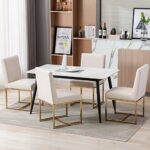 Mid Century Modern Dining Chairs Set of 6, Linen Upholstered Dining Chairs with Gold Metal Frame, Kitchen & Dining Room Chairs Armless Side Chairs, Cream