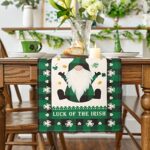 St Patricks Day Table Runner Lucky Clover Shamrocks Table Runners 72 Inches Long, Buffalo Plaid Gnome Burlap Holiday Kitchen Dining Table Decor for Home Party (Gnome Table Runner, 13″ x 72″)
