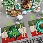 St. Patrick’s Day Placemats Set of 4,12×18 Inch Watercolor Shamrock with Ireland Flag Heat-Resistant Place Mats,Green Irish Table Decors for Seasonal Farmhouse Kitchen Dining Holiday Party
