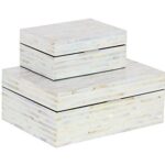 Deco 79 Mother of Pearl Handmade Box with Hinged Lid, Set of 2 12″, 8″W, White