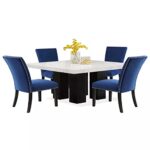 Liveasy Furniture 5-Piece Faux Marble and Wooden Dining Table and Nail Head Trim Dining Chiars, Dining Sets for 4 (Blue)