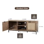 Anmytek Rattan TV Stand for 65 Inch TV, Mid Century Modern Entertainment Center with Natural Rattan Door & Herringbone Texture Large TV Console Table for Living Room, Natural Oak