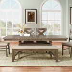 Roundhill Furniture Raven Wood 6-Piece Set, Extendable Trestle Dining Table with 4 Chairs and Bench, Glazed Pine Brown