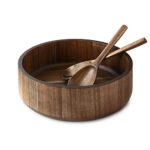 Miusco Natural Acacia Wooden Large Salad Serving Bowl with Tongs Set, 12 Inch, 200 Oz./6.25 Quarts, Spoons Included, Premium Handcrafted Wood Bowl and Utensils Set, Great Holiday Gift
