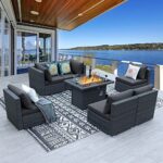 BULEXYARD 7 Piece Outdoor Patio Furniture Set with 43″ Propane Fire Pit Table, Large Wicker Patio Sectional Sofa PE Rattan Conversation Sets w/Natural Gas Firepit (Dark Grey)