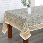 Goldenrod Yellow, Fern Green and Peanut Brown Indian Hand Block Printed 100% Pure Cotton Kitchen Tablecloth Home Decor Table Cloth Dinner Party Gift for Mother’s day Her Mom Home Wedding 80×120 Inches