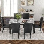 ERDAYE 7-Piece Heavy Duty Set with One Faux Marble Table and 6 Pu Upholstered-Seat Chairs for Home Kitchen Dining Room Furniture Breakfast, Lunch and Dinner, Black