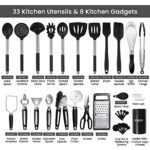 Kitchen Utensils Set with Holder, RFAQK 40PCs Silicone Cooking Utensils Set for Nonstick Cookware,Kitchen Gadgets includes Can Opener,Potato smasher & Peeler,Tongs,spatulas,Pizza cutter & Much more