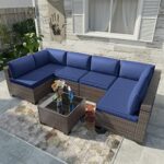 Kullavik 7 Pieces Outdoor Patio Furniture Set Outdoor Sectional Rattan Sofa Set Brown Manual Wicker Patio Conversation Set with Navy Blue Cushions,1 Tempered Glass Tea Table and Cushions Covers