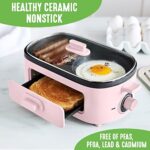 GreenLife 3-in-1 Breakfast Maker Station, Healthy Ceramic Nonstick Dual Griddles for Eggs Meat and Pancakes, 2 Slice Toast Drawer, Easy-to-use Timer, Pink