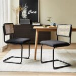 Kiztir Black Rattan Dining Chairs Set of 4, Mid Century Modern Dining Chairs with Cane Back, Upholstered Dining Chairs for Dining Room, Living Room, Kitchen