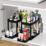 2PC Under Sink Organizer Rack 2 Tier Under Sliding Cabinet Basket Organizer Drawer with 4 Hooks, Multi-purpose Under Sink Storage for Bathroom Kitchen Desktop?Black?