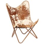 Shy Shy Let’s Touch The Sky Home Decor Genuine Goat Leather Butterfly Arm Chair with Black/Brown White Hair on Cover (White and Brown with Ross Gold)