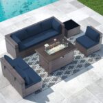 Gotland 8 Piece Outdoor Patio Furniture Set with Gas Fire Pit Table Patio Furniture Sectional Sofa w/43in Propane Fire Pit, 55,000 BTU Auto-Ignition Firepit w/Glass Wind Guard