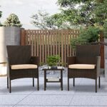 FDW 3 Piece Outdoor Furniture Set Patio Bistro Conversation Set Brown Wicker Chairs Furniture 2 Rattan Chairs with Khaki Cushions and Glass Coffee Table for Porch Lawn Garden Balcony Backyard