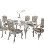 Liveasy Furniture Dining Table Set for 6, Kitchen & Dining Room Sets with Button Tufted Upholstered Chairs and Mirror Tile Edge in (Silver/Bronze)