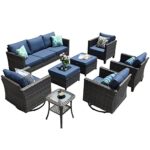 ovios Patio Furniture Set 8 PCS Outdoor Wicker Rocking Swivel Chairs Sectional Sofa Set with Single Chairs High Back Rattan Sofa for Yard Garden Porch (Denim Blue)