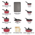Ecolution Easy Clean Nonstick Cookware Set, Features Kitchen Essentials, Bamboo Cooking Utensils Set, Vented Glass Lids, Ergonomic Grip Handles, Made without PFOA, Dishwasher Safe, 20-Piece, Red