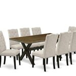 East West Furniture X677EL635-9 9-Piece Dining Set – Dinner Table Rectangular Top – 8 Beautiful Dining Chairs Padded Seat and Back (Distressed Espresso & Wire Brushed Black Finish)