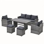 EMKK Outdoor Patio Furniture Set, 6 Pieces OutdoorFurniture with Dining Table&Chair, All Weather Wicker PatioConversationSet with Ottoman, A-Grey