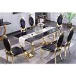 ACEDÉCOR 7 Pieces Modern Dining Room Table Set with 6 Black Leather Dining Chairs, Gold Stainless Steel Metal U-Base in Black Gold