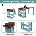 Merax Rustic Wood 4-Piece Counter Height Dining Set, Including 2 Stools, 1 Bench, 1 Kitchen Table with Storage Shelves and Drawer, Walnut+Blue