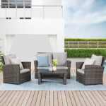 Wisteria Lane 4 Piece Outdoor Patio Furniture Sets, Wicker Conversation Set for Porch Deck, Gray Rattan Sofa Chair with Cushion