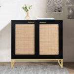 Anmytek Modern Accent Storage Cabinet with 2 Rattan Doors, Mid Century Buffet Sideboard for Living Room Black/Gold, H0046