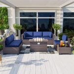 Kullavik 8 Pieces Outdoor Patio Furniture Set with 43″ 55000BTU Gas Propane Fire Pit Table PE Wicker Rattan Sectional Sofa Patio Conversation Sets,Navy Blue