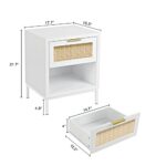 Anmytek Modern Wood Nightstand with Natural Rattan Drawer, Mid Century Side Table Farmhouse Bedside End Table Storage Drawer and Shelf for Bedroom Living Room White/Gold-H0052